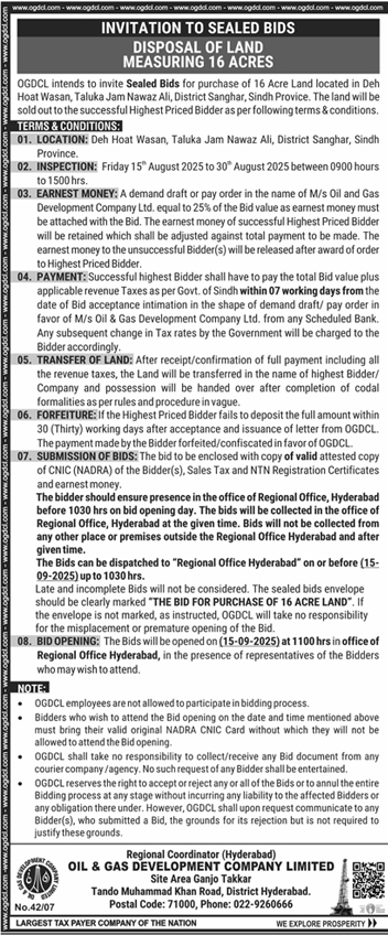 Oi & Gas Development Company Limited Hyderabad Tender Notice